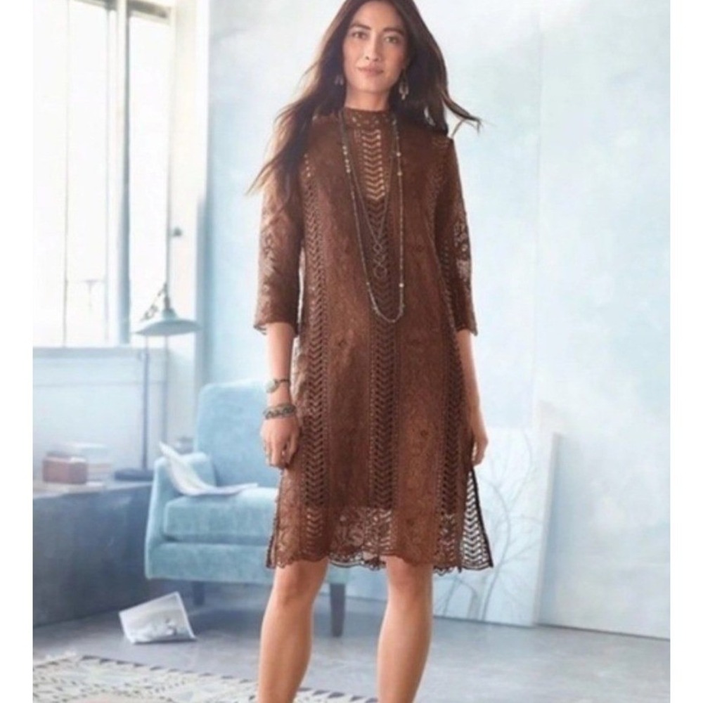 Sundance Brown Crochet Lace Mock Neck Shift Dress Slip 10 boho fall autumn earth